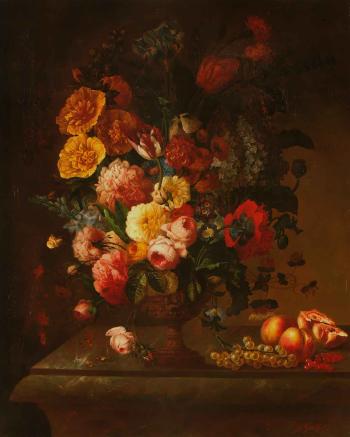 Tulips, roses and other flowers in a classical urn on a plinth with fruit by 
																	Jean Baptiste Gallet